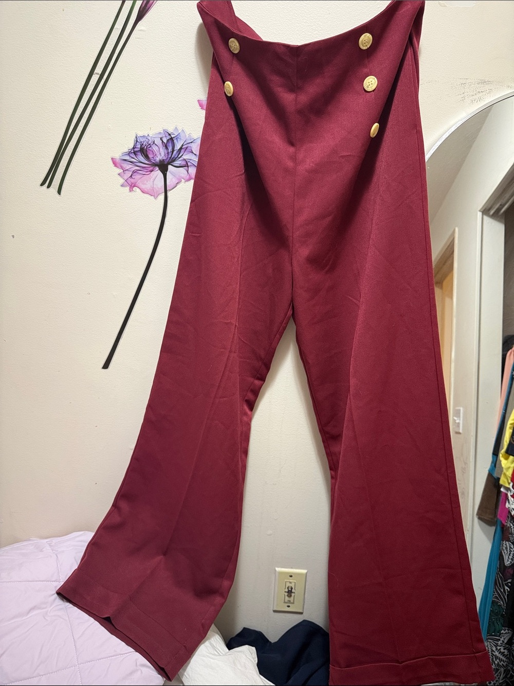 Girls' Burgundy Sailor-Button Wide-Leg Overalls